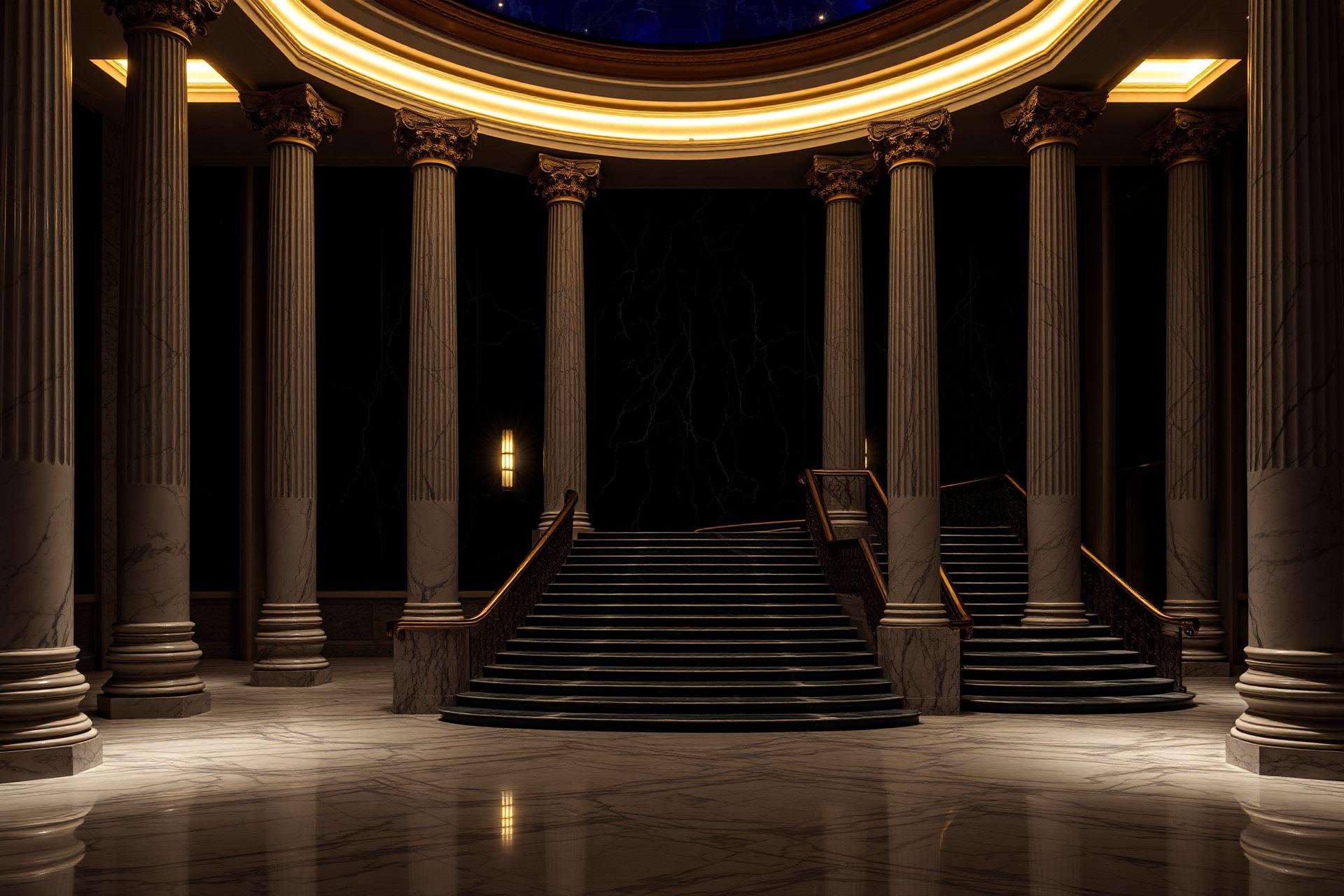 Interior de tribunal com colunas de mármore e iluminação dourada